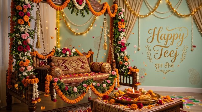 Beautifully decorated traditional swing for teej festival celebration