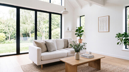 Fototapeta premium Modern living room with a white sofa and wooden coffee table, surrounded by greenery through large windows