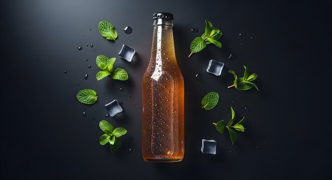 Flat lay of condensation covered glass beverage bottle surrounded by scattering mint leaves and ice cubes on black surface