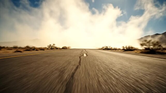 Cinematic low-angle perspective of a cracked asphalt desert road extending toward distant mountains and thick heat haze under a clear blue sky during a hot sunny day.