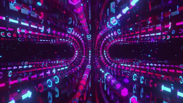 Hypnotic seamless loop of a abstract geometric carousel. Abstract digital system made of curving light tracks, orbital particle pathways and grid metal textures, creating high technology background.