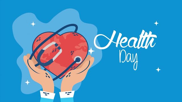 Hands hold a vibrant red heart shaped globe with a medical stethoscope in this professional animated health day video