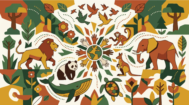 Earth day illustration with diverse wildlife and human hands connection