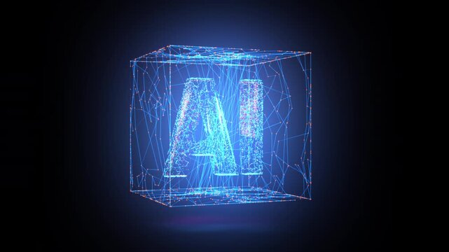 AI letters animation of glowing symbols with digital and geometric noise in computer science world, 4k abstract artificial intelligence tech animated template