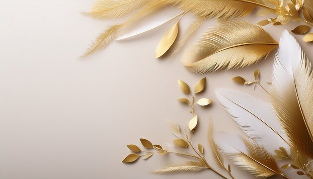 Diseno De Invitacion O Diseno Para Boda O Evento Celebracion Con Ramas De Hojas En Dorado Y Plumas Delicadas Y Suaves Con Espaci Opara Copiar