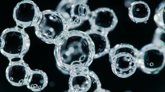 Macro view of clear liquid droplets and transparent glass spheres suspended mid-air with reflective surfaces, floating against a black background with shallow depth of field.