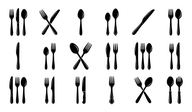 Simple Dining Cutlery Icons Collection Featuring Fork Knife Spoon Combinations for Restaurant and Kitchen Design