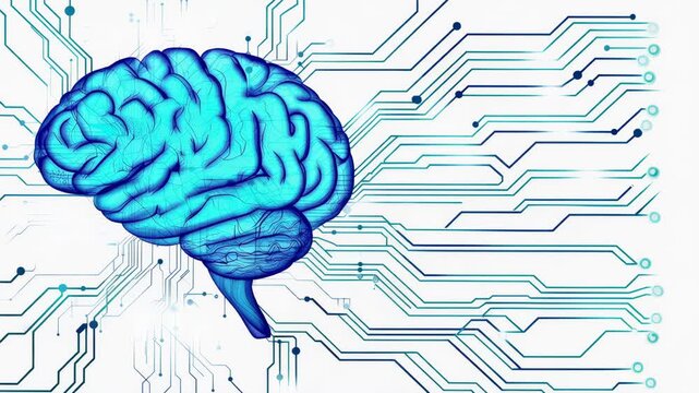 Blue digital brain illustration connected with circuit lines on white background