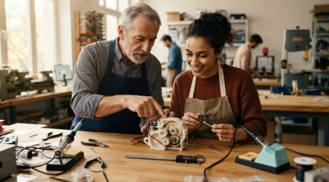 Older designer and apprentice collaborating on a prototype with 3D printed gear housing, calipers, and soldering station in a makerspace