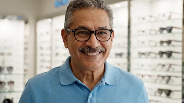 Elderly man trying on eyeglasses in an optical store, close-up
