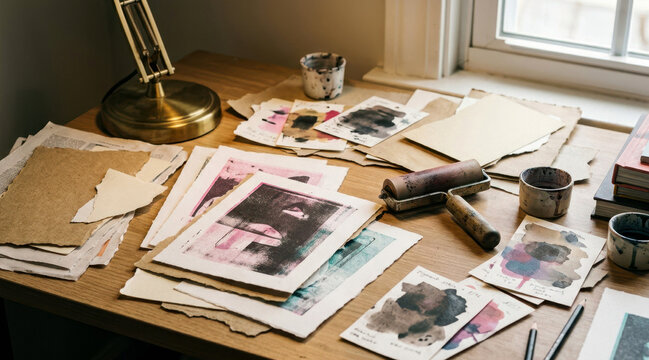 Graphic designer desk with misregistered risograph prints, torn paper samples, brayer, and pigment-stained swatch cards.