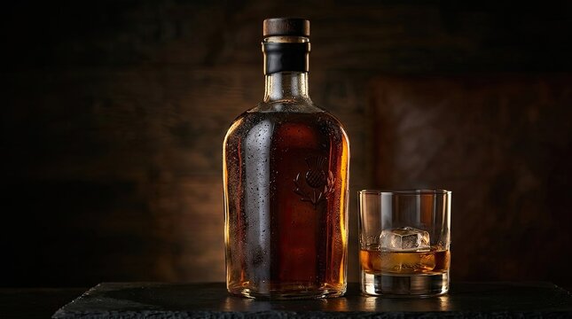Chilled bottle of scotch whiskey and a glass with ice on a dark background.