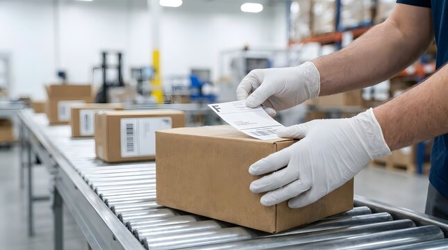 Logistics worker in white gloves applying label to cardboard box package.
