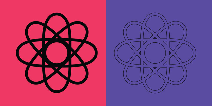 Atomic structure symbol with intersecting ellipses and central circle in black on pink and purple split backgrounds