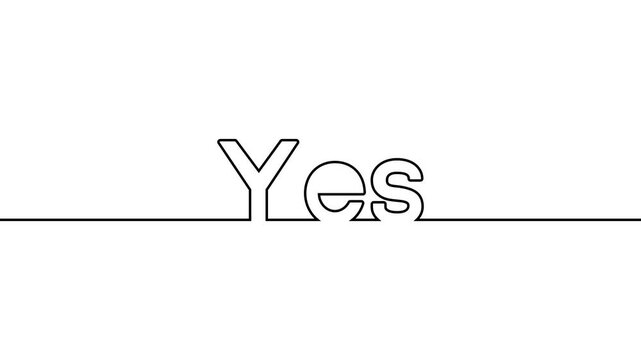 yes animated single one line art handwriting of words text, continuous writing yes line art on black white green background 4k video