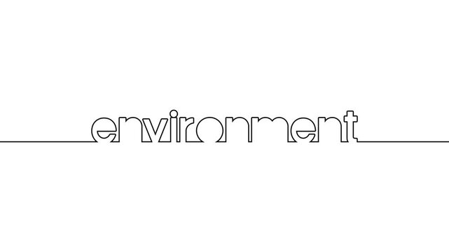 environment animated single one line art handwriting of words text, continuous writing environment line art on black white green background 4k video