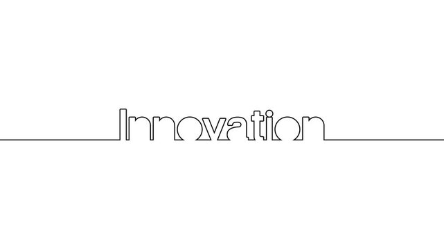 innovation animated single one line art handwriting of words text, continuous writing innovation line art on black white green background 4k video