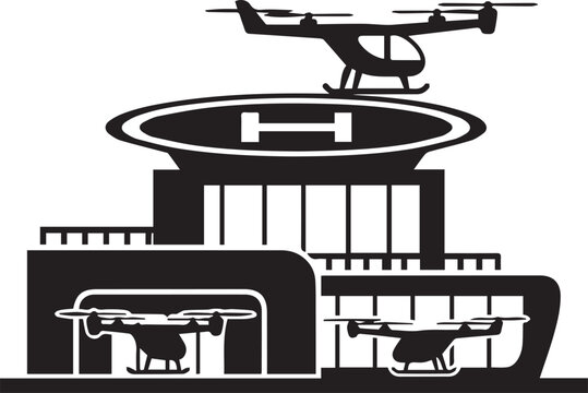 Vector silhouette of a futuristic urban vertiport building with multiple drones on the rooftop helipad and inside hangars, isolated on a white background.