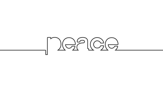 peace animated single one line art handwriting of words text, continuous writing peace line art on black white green background 4k video