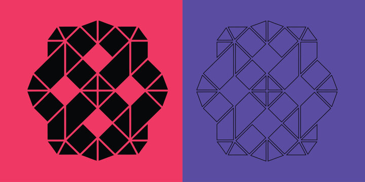 Complex geometric pattern composed of intersecting squares and triangles in black on pink and purple
