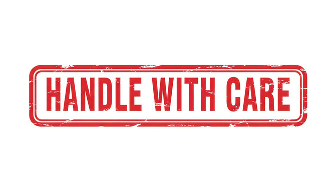 A bright red oval stamp with bold white letters reading handle with care, emphasizing caution and delicate handling in a simple yet impactful design