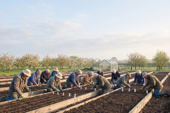 Senior Volunteers Planting Vegetable Seedlings Together in Community Garden