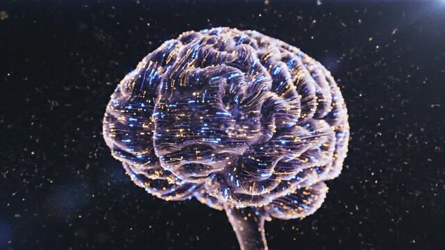 High-tech visualization of digital neural network featuring glowing blue and gold fiber optic connections, light particles, and synaptic paths forming a complex brain structure.