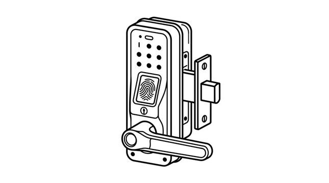 Detailed vector illustration of a modern smart door lock featuring a biometric fingerprint scanner and numerical keypad for secure access