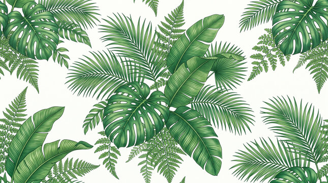 Seamless pattern with tropical leaves, monstera, palm and fern leaves, botanical illustration, isolated on white background