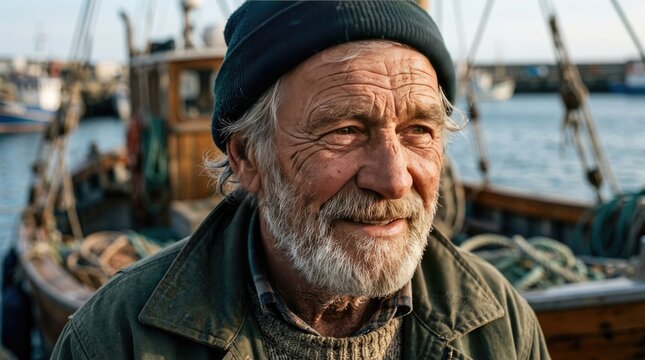 Authentic portrait of a happy senior fisherman with a white beard at the harbor.
