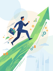 Fototapeta premium Business person running on upward arrow showing goal achievement career advancement business success profit growth strategy motivation professional challenge for commercial campaign layout