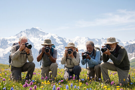Group of Senior Nature Photographers Capturing Alpine Wildflowers in Mountain Landscape