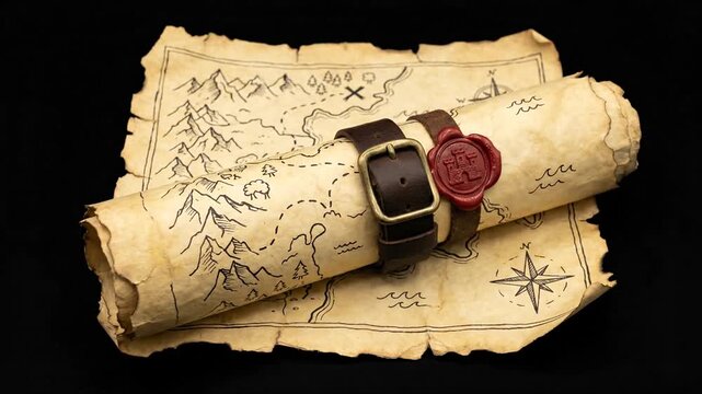 Vintage treasure map scroll with leather strap and wax seal.