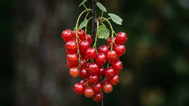 Ripe red currants hanging on branch with green leaves.