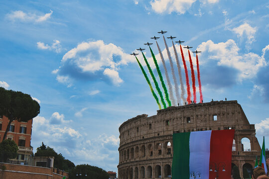 Rome Italy 06-02-2026 2 June republic day Airshow Over The Colosseum With Tricolor Smoke and Giant Italian Flag in Rome