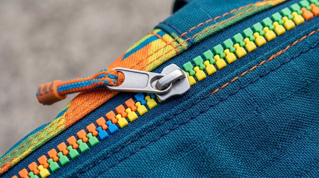 Close-up of a colorful zipper on a teal fabric bag showcasing vibrant teeth and a silver pull tab against a blurred background