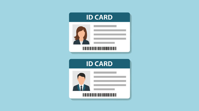 Identity card templates with male and female portraits and bar code on light blue backdrop.