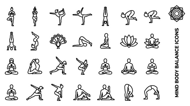 Minimalist yoga pose line icon set with black silhouette figures depicting mindfulness meditation and physical wellness exercises