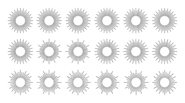 Sunburst light ray elements collection for vintage design logos and radiating patterns.
