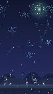 Futuristic AI game background featuring robots, a processor chip, data network nodes, and binary code, creating a seamless 2D platformer level design perfect for coding and tech themes