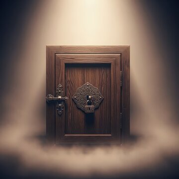 An aged wooden cabinet sits solitary in a dark, foggy environment. The ornate metal latch is locked, suggesting a critical, undiscovered secret or puzzle within, box, puzzle, vintage