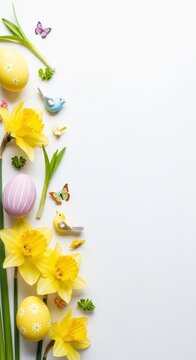 Bright yellow daffodils arranged with pastel painted easter eggs and spring decorations symbolizing renewal and seasonal celebration, bright, easter, macro