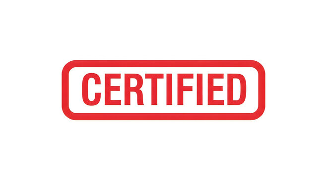 A vibrant red rectangular stamp with the word certified printed in bold white capital letters, signifying official approval or validation in a clear and bold design