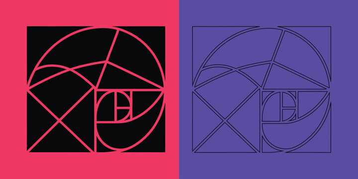 Golden ratio spiral geometric composition in black and pink with outline version on purple background