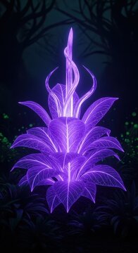 Glowing extraterrestrial plant with luminous violet leaves and translucent crystalline stems growing in a dark mysterious alien forest, flora, organic, crystal