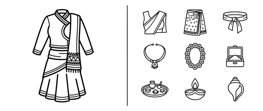 Assamese Traditional Attire and Cultural Symbols Icon Set