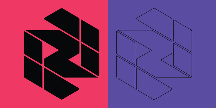 Hexagonal block pattern with solid black shapes on pink and outline version on purple background, for use
