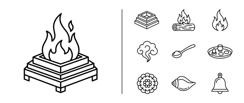 Hindu Puja Ritual Elements and Havan Kund Icon Set