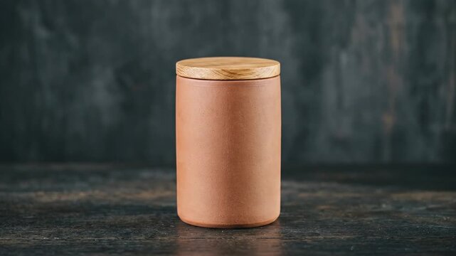 Minimalist ceramic storage jar with wooden lid on dark table.