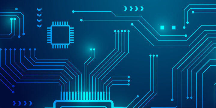 Macro view of electronic circuit board with various microchips and glowing nodes.
